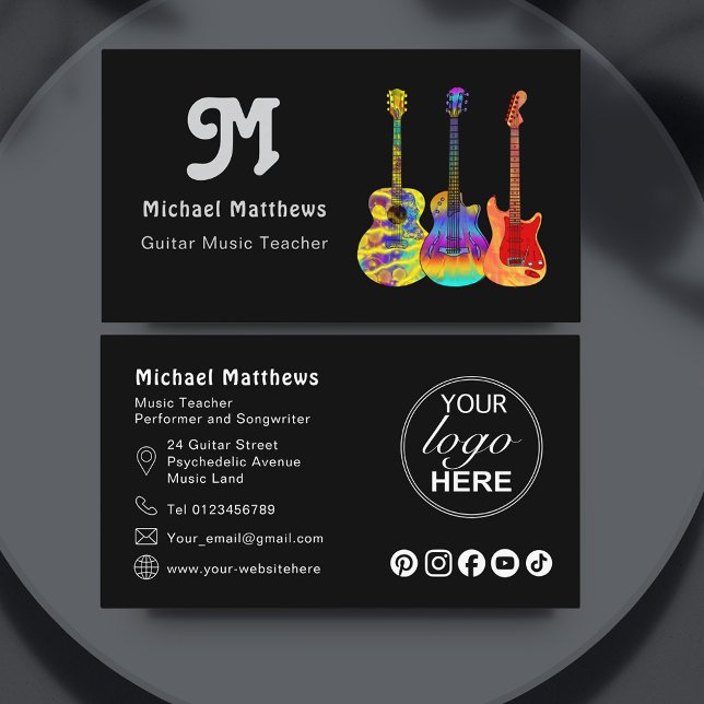 Tarjeta De Visita Profesor de guitarra Personalizado de código QR (Retro guitar teacher custom logo social media black business card)