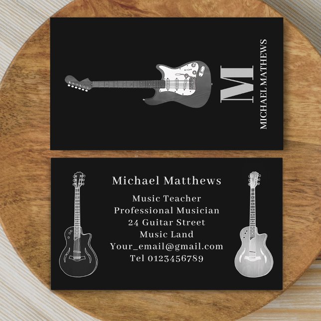 Tarjeta De Visita Profesor de Música de Guitarra de Música Profesion (Modern Guitar music tutor professional musician black gray Business card simple minimalist design)