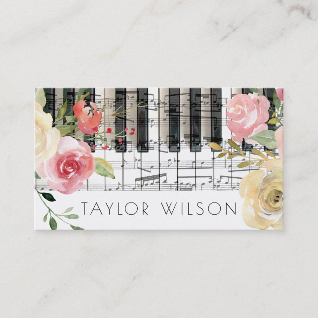 Tarjeta De Visita profesor de música pianista de flores (Anverso)