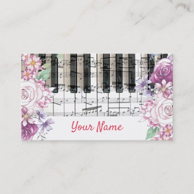 Tarjeta De Visita profesor de piano con flores (Anverso)