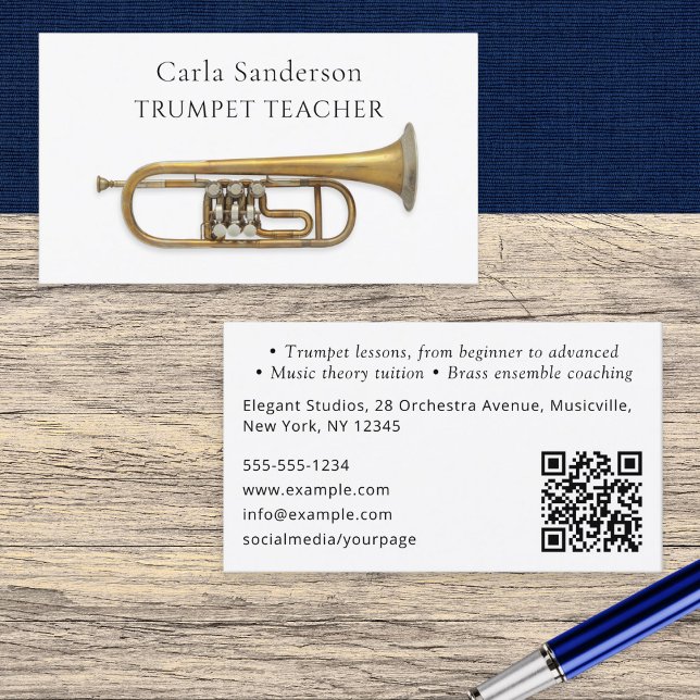 Tarjeta De Visita Profesor de Trumpet Brass Instrumental Instructor  (An elegant business card template for a trumpet teacher, with customizable QR code)