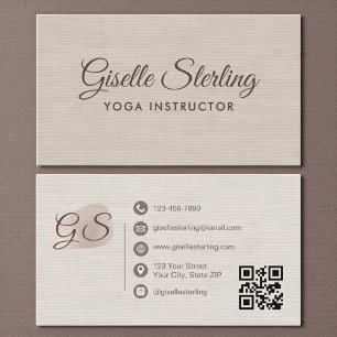 Tarjeta De Visita Profesor de Yoga Código QR Elegante Lino Beige