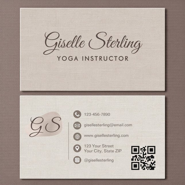 Tarjeta De Visita Profesor de Yoga Código QR Elegante Lino Beige (Subido por el creador)