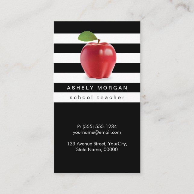 Tarjeta De Visita Profesora de escuela Apple Elegant Black White Str (Anverso)