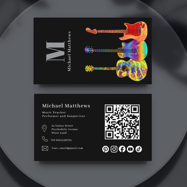 Tarjeta De Visita Profesora de guitarra, código QR y Personalizado d (Guitar teacher qr code and social media custom business card)