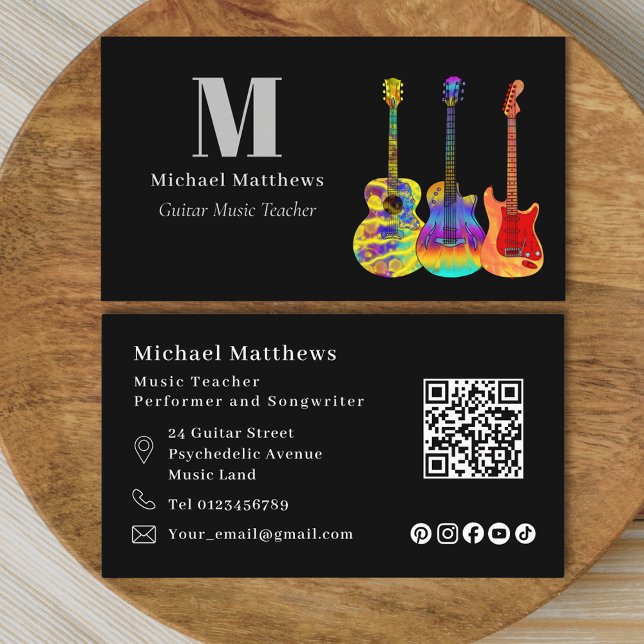 Tarjeta De Visita Profesora de guitarra, código QR y Personalizado d (Guitar teacher musician qr code social media custom business card)