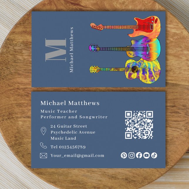Tarjeta De Visita Profesora de guitarra, código QR y Personalizado d (Guitar music tutor qr code and social media custom business card)