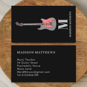 Tarjeta De Visita Profesora de guitarra monogramado simple rosa negr