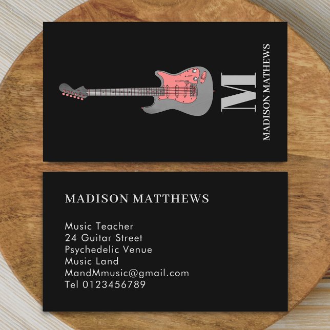 Tarjeta De Visita Profesora de guitarra monogramado simple rosa negr (Modern minimalist guitar music teacher professional musician pink and black monogram Business card)