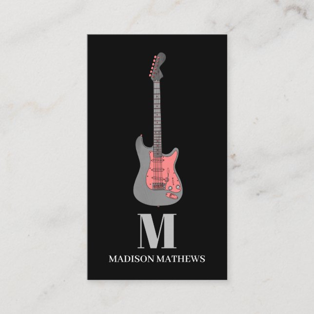 Tarjeta De Visita Profesora de guitarra monogramado simple rosa negr (Anverso)