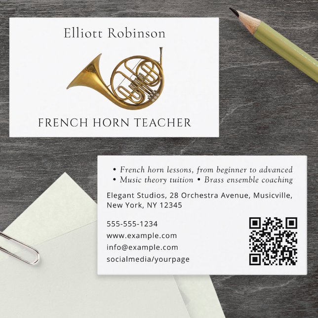 Tarjeta De Visita Profesora de instrumentos musicales del Cuerno de  (A stylish business card for a French Horn teacher, with horn picture, custom text and QR code)