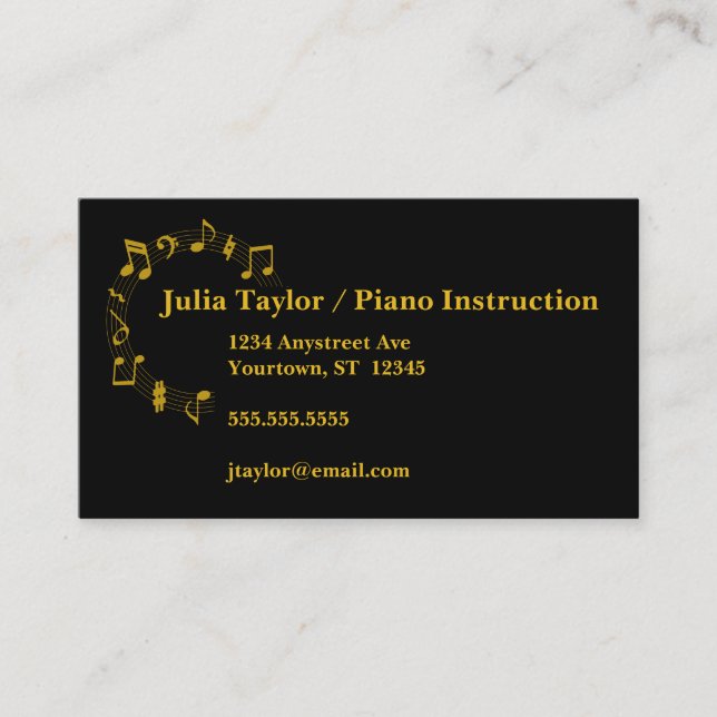 Tarjeta De Visita Profesora de Música Gold and Black Musical Notes (Anverso)