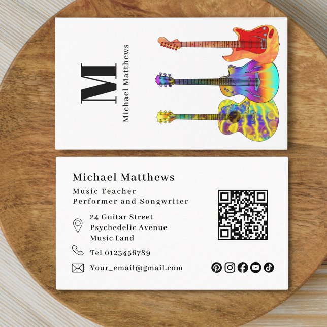Tarjeta De Visita Profesora de música guitarra Código QR Personaliza (Modern guitar teacher qr code and social media custom business card)