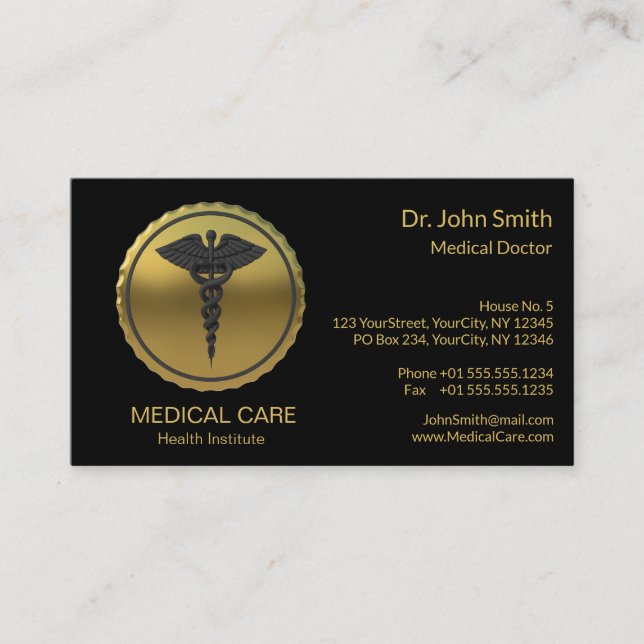 Tarjeta De Visita Professional 3D Gold Caduceus Emblem Medical (Anverso)