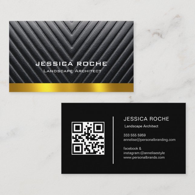 Tarjeta De Visita Professional Black & Gold Landscape Architect QR  (Anverso / Reverso)