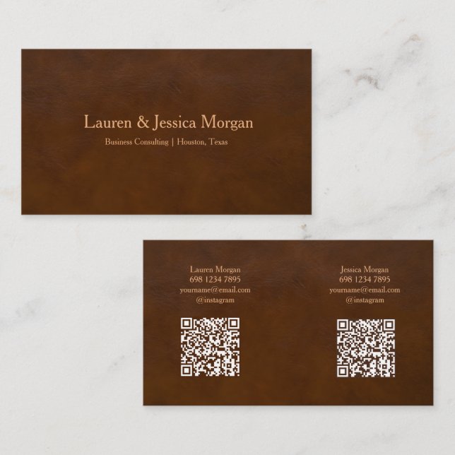 Tarjeta De Visita Professional Brown Leather With 2 Names & Contact (Anverso / Reverso)