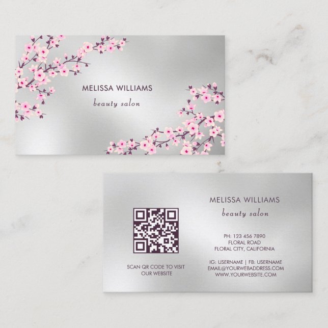 Tarjeta De Visita Professional Cherry Blossom Pink Silver (Anverso / Reverso)