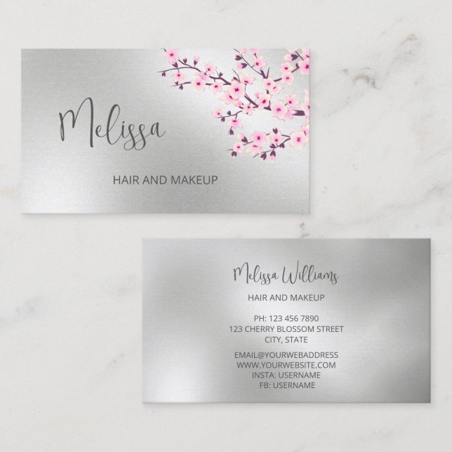 Tarjeta De Visita Professional Cherry Blossom Pink Silver Business C (Anverso / Reverso)