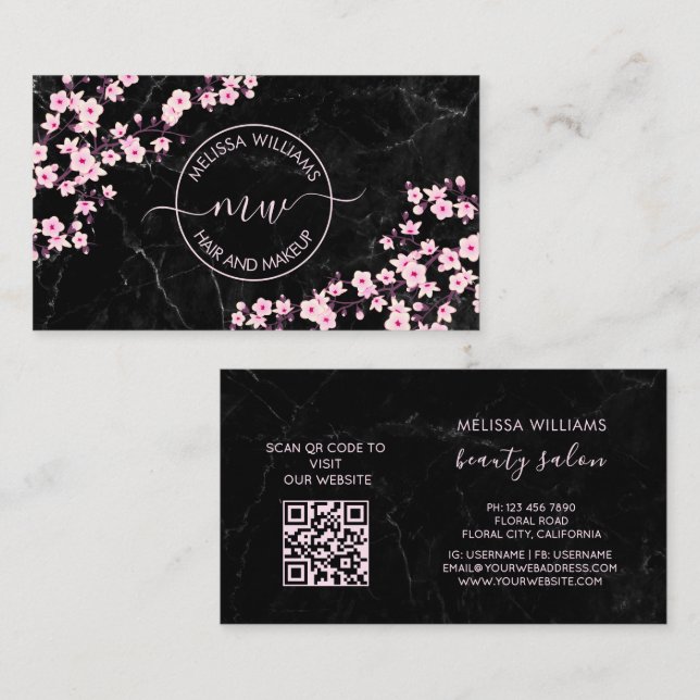 Tarjeta De Visita Professional Cherry Blossoms Black Marble (Anverso / Reverso)