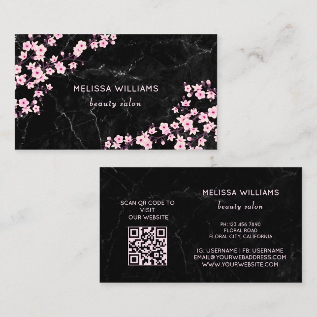 Tarjeta De Visita Professional Cherry Blossoms Black Marble (Anverso / Reverso)