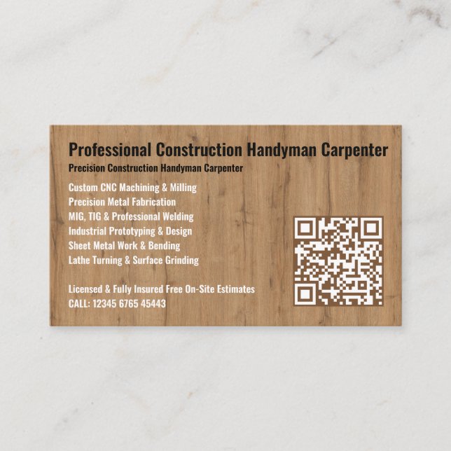Tarjeta De Visita Professional Construction Handyman Carpenter (Anverso)