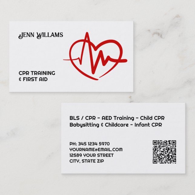Tarjeta De Visita Professional CPR Instructor Business Cards with QR (Anverso / Reverso)