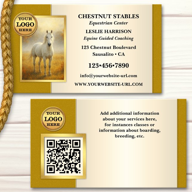 Tarjeta De Visita Professional Equine Photo (Professional business card featuring your horse photo framed by an elegant gold stylized design)
