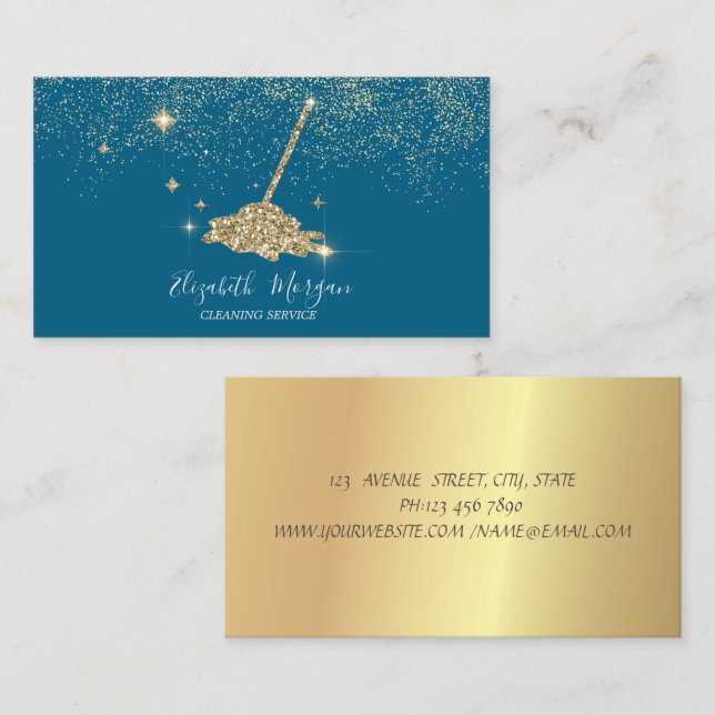 Tarjeta De Visita Professional Gold Confetti Glitter Broom (Anverso / Reverso)