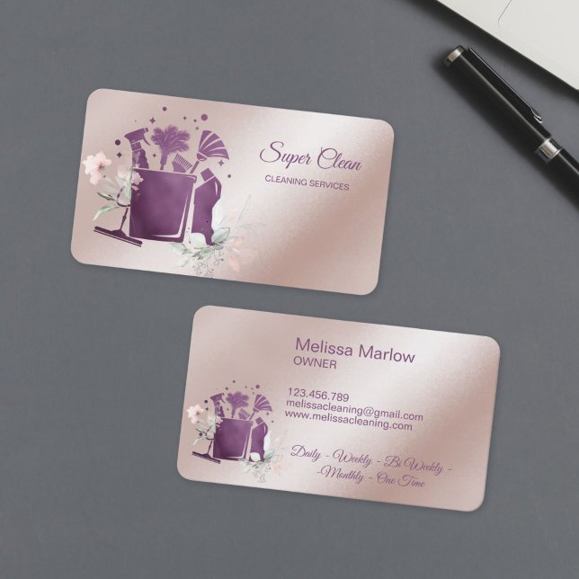 Tarjeta De Visita Professional House Cleaning Rose Gold Glitter Chic (elegant cleaning business card with bucket tools and flowers, rose gold and purple color)