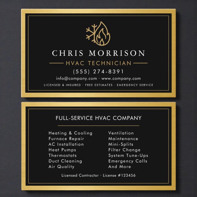 Tarjeta De Visita Professional HVAC Technician Gold Metallic (Subido por el creador)