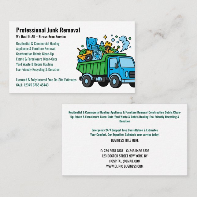 Tarjeta De Visita Professional Junk Removal & Hauling Services (Anverso / Reverso)