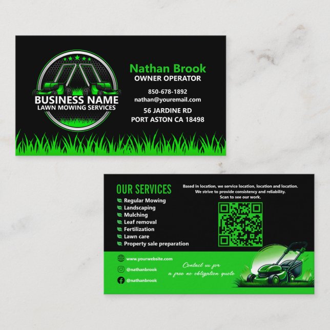 Tarjeta De Visita Professional Lawn Care Landscaping Green Black QR (Anverso / Reverso)
