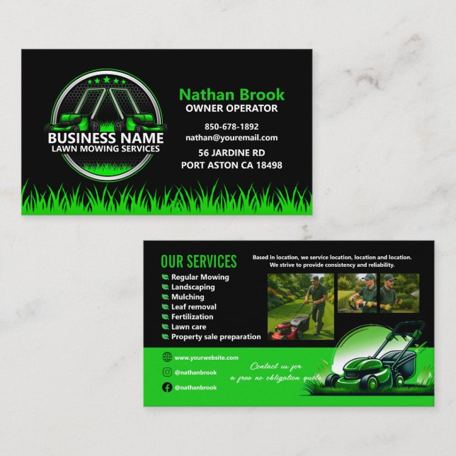 Tarjeta De Visita Professional Lawn Care Landscaping Green Black QR (Anverso / Reverso)
