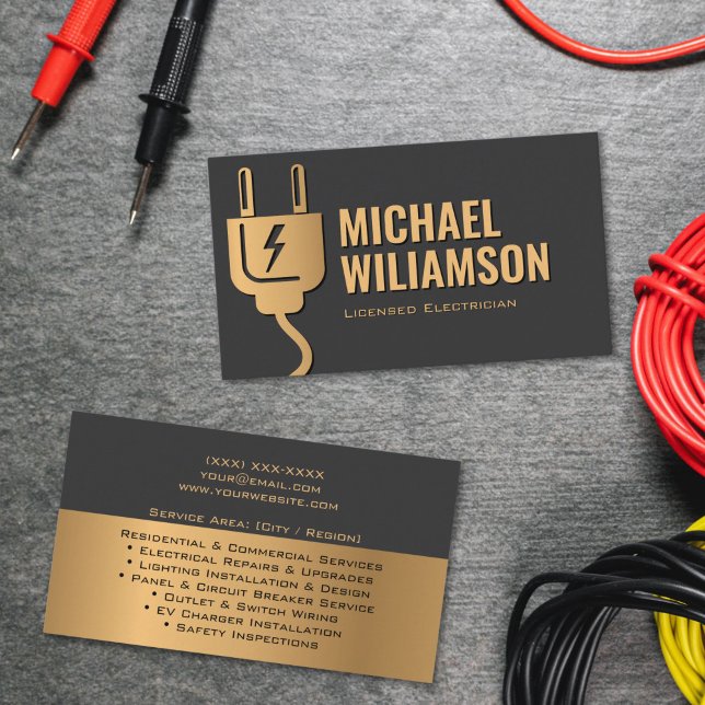 Tarjeta De Visita Professional Licensed Electrician Electrical Work (Electrician services business card with black and gold color scheme, contact details and service lis)
