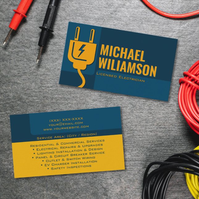 Tarjeta De Visita Professional Licensed Electrician Electrical Work (Professional licensed electrician business card with bold typography and lightning bolt accent)
