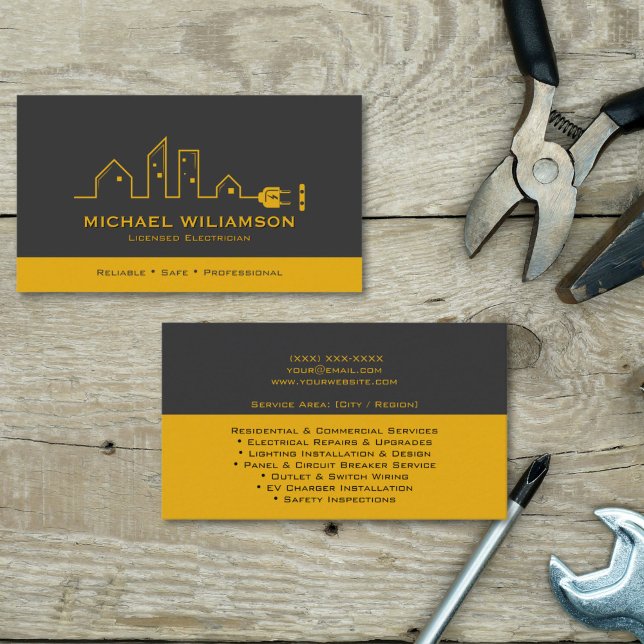 Tarjeta De Visita Professional Licensed Electrician Electrical Work (Electrician services business card with black and gold color scheme, contact details and service lis)