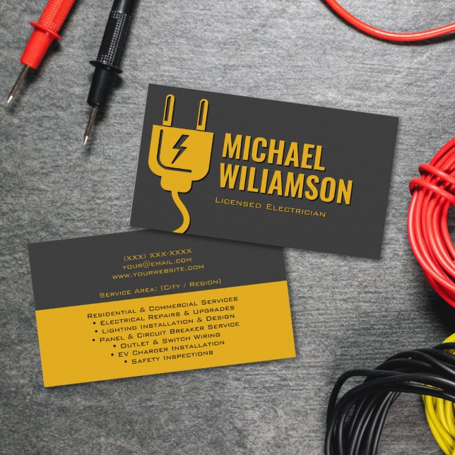 Tarjeta De Visita Professional Licensed Electrician Electrical Work (Business card design for electrician featuring lightning icon and professional aesthetic)