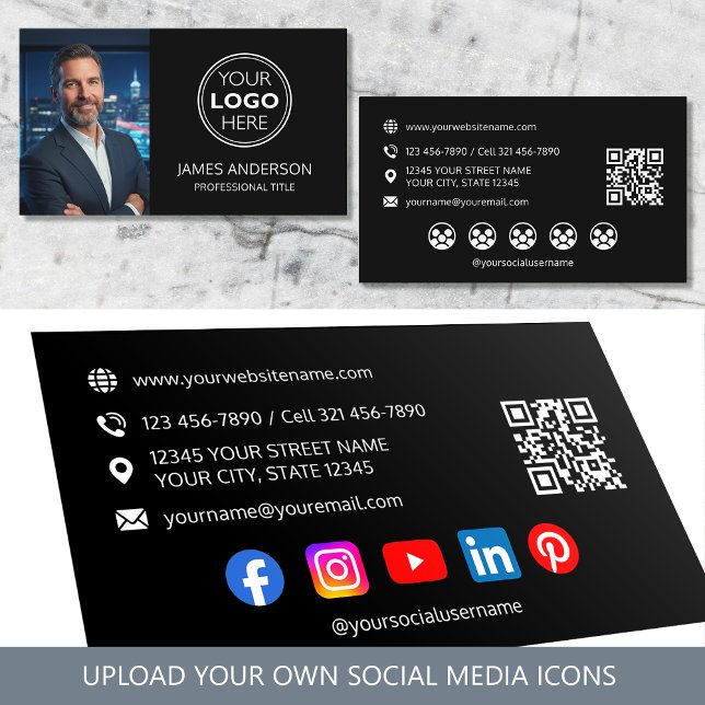Tarjeta De Visita Professional Logo Photo Social Media QR Code Black (Subido por el creador)