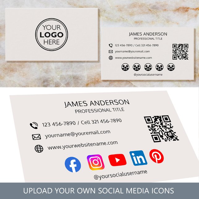 Tarjeta De Visita Professional Logo Social Media QR Code Off-White (Subido por el creador)