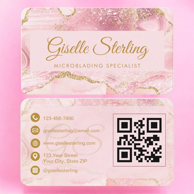 Tarjeta De Visita Professional Microblading Artist Gold Agate QR Cod (Subido por el creador)