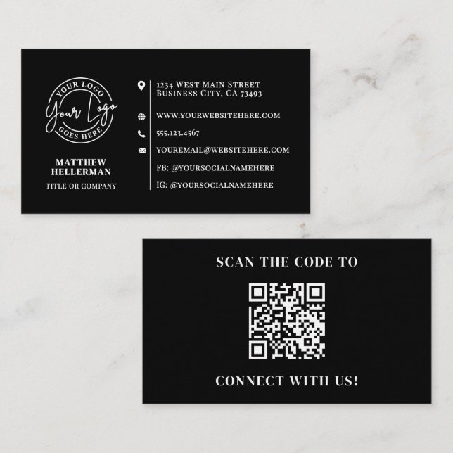 Tarjeta De Visita Professional Minimalist QR Code Logo Black (Anverso / Reverso)