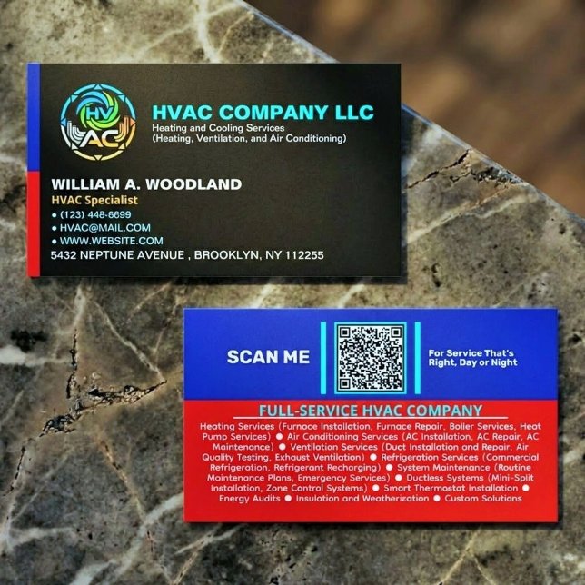 Tarjeta De Visita Professional Modern HVAC AC Company Logo & Slogan  (heating and cooling service card, professional technician business cards)