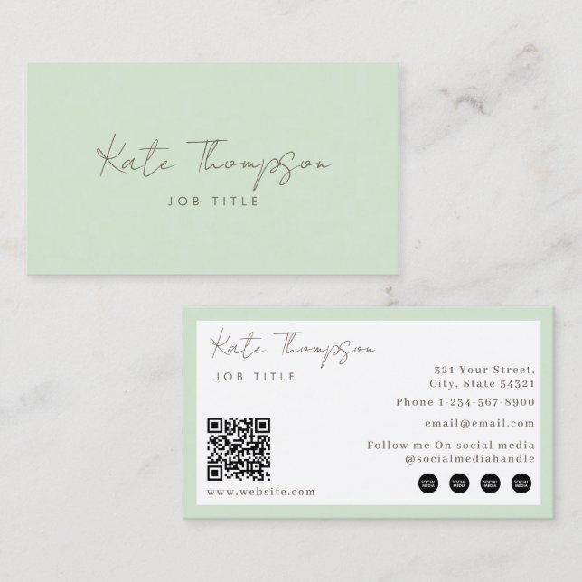 Tarjeta De Visita Professional Modern Light Green Minimalist QR Code (Anverso / Reverso)