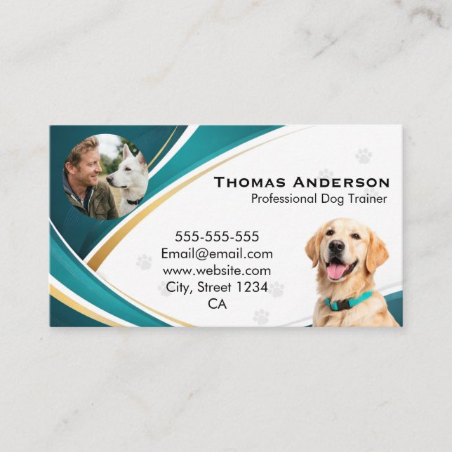 Tarjeta De Visita Professional Modern Teal & Gold Dog Trainer Custom (Anverso)