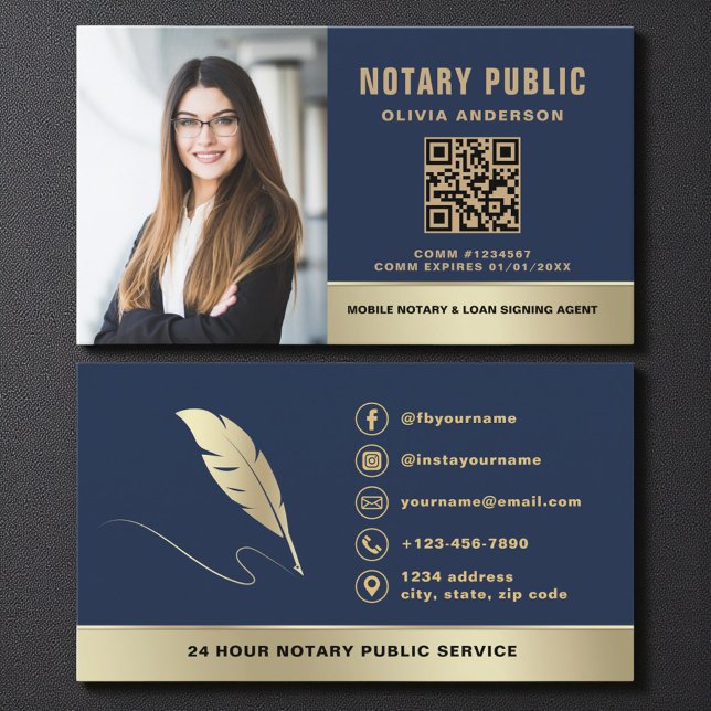 Tarjeta De Visita Professional Notary Public Navy Blue Gold Photo (Subido por el creador)