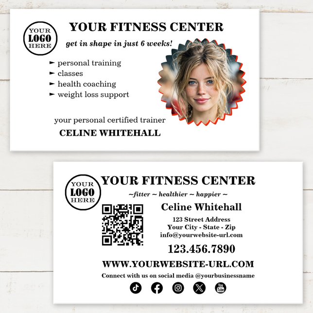 Tarjeta De Visita Professional Personal Trainer Fitness Center (Fitness personal trainer business card with custom photo, qr code, social media and logo)