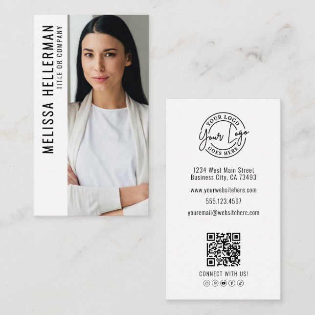Tarjeta De Visita Professional Photo QR Code Company Logo Vertical (Anverso / Reverso)