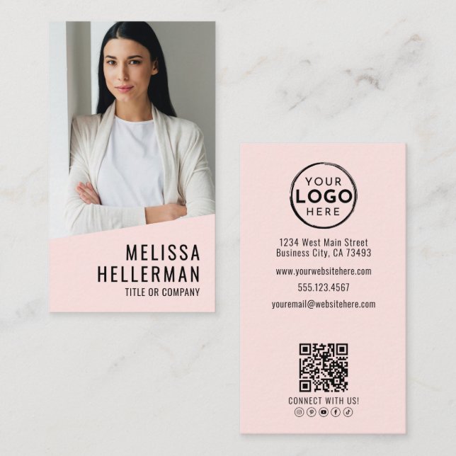 Tarjeta De Visita Professional Photo QR Code Logo Blush Pink (Anverso / Reverso)