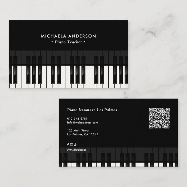 Tarjeta De Visita Professional Piano Teacher QR Code & Social Media (Anverso / Reverso)