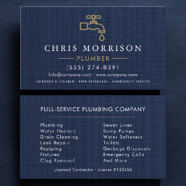 Tarjeta De Visita Professional Plumbing Plumber Navy Blue Gold 